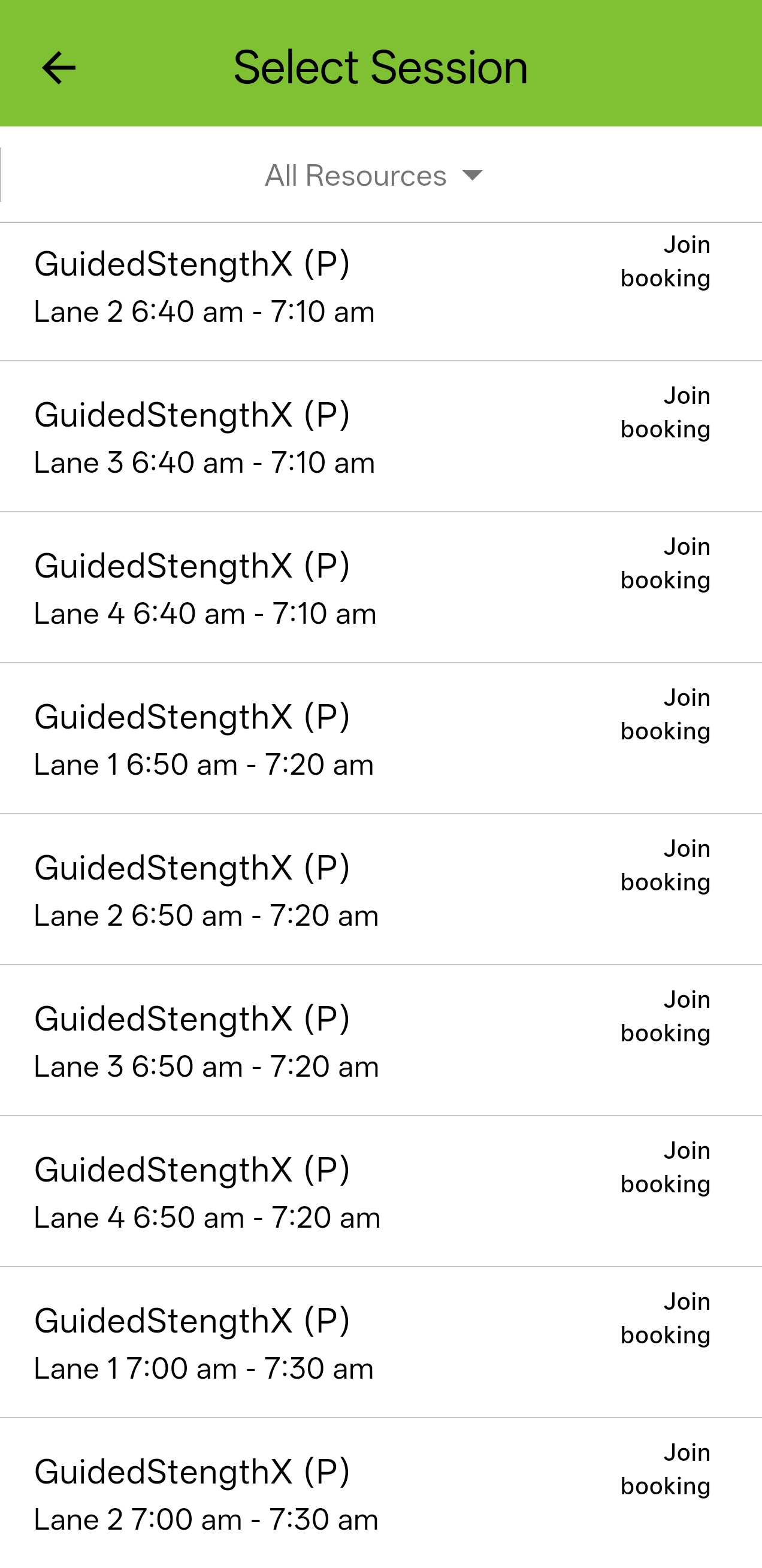 Mobile app interface showing session booking screen